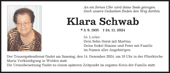 Traueranzeige von Klara Schwab von Augsburger Allgemeine