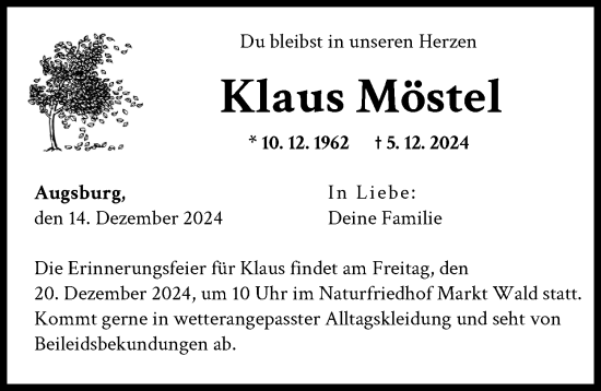 Traueranzeige von Klaus Möstel von Augsburger Allgemeine