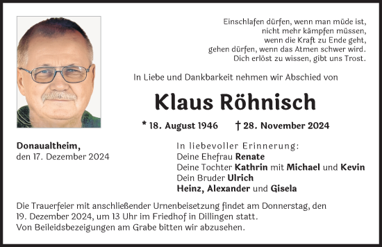 Traueranzeige von Klaus Röhnisch von Donau Zeitung