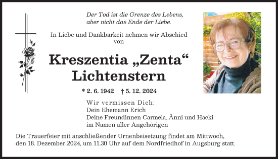 Traueranzeige von Kreszentia Lichtenstern von Augsburger Allgemeine