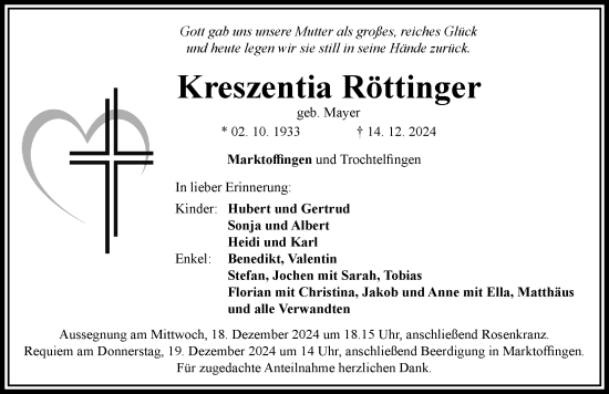 Traueranzeige von Kreszentia Röttinger von Rieser Nachrichten