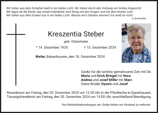 Traueranzeige von Kreszentia Steber von Mindelheimer Zeitung