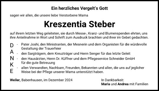 Traueranzeige von Kreszentia Steber von Mindelheimer Zeitung