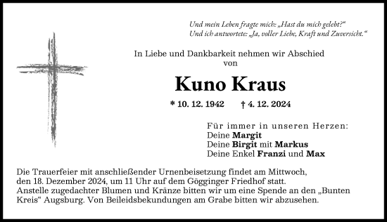 Traueranzeige von Kuno Kraus von Augsburger Allgemeine