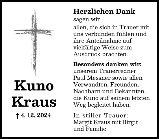 Traueranzeige von Kuno Kraus von Augsburger Allgemeine