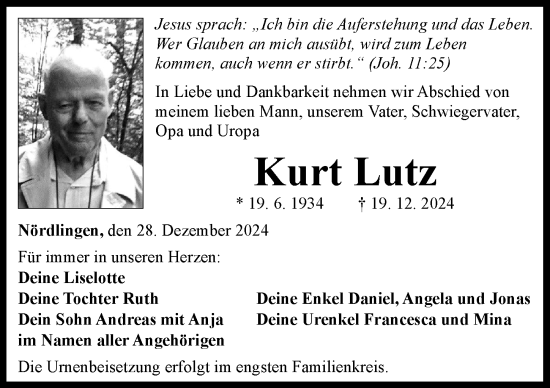 Traueranzeige von Kurt Lutz von Rieser Nachrichten