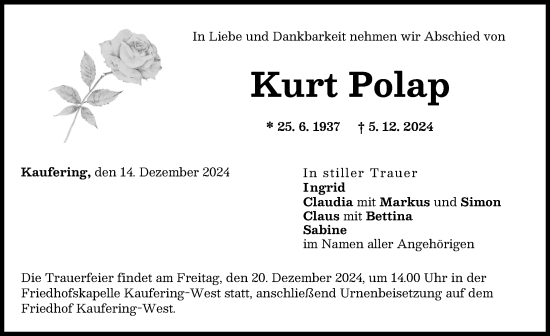 Traueranzeige von Kurt Polap von Landsberger Tagblatt