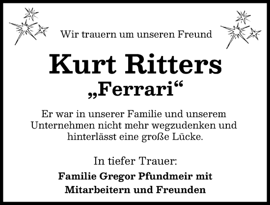 Traueranzeige von Kurt Ritters von Friedberger Allgemeine