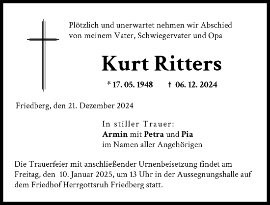Traueranzeige von Kurt Ritters von Friedberger Allgemeine