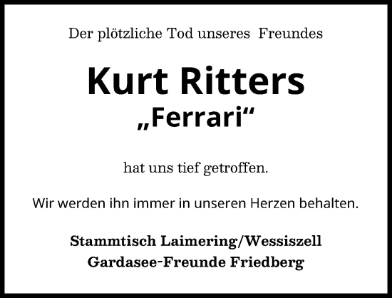 Traueranzeige von Kurt Ritters von Friedberger Allgemeine