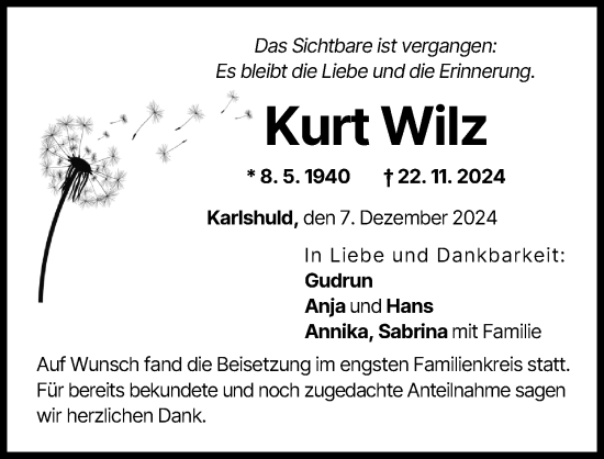 Traueranzeige von Kurt Wilz von Neuburger Rundschau