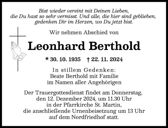 Traueranzeige von Leonhard Berthold von Augsburger Allgemeine