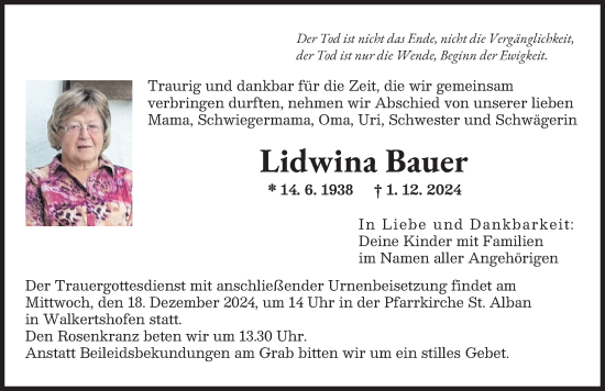 Traueranzeige von Lidwina Bauer von Augsburger Allgemeine