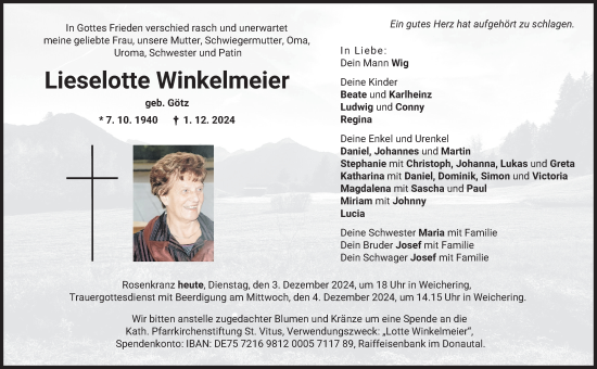 Traueranzeige von Lieselotte Winkelmeier von Neuburger Rundschau