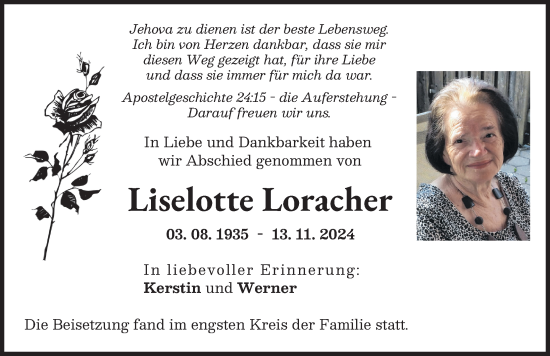 Traueranzeige von Liselotte Loracher von Augsburg-Land