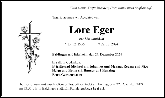 Traueranzeige von Lore Eger von Rieser Nachrichten