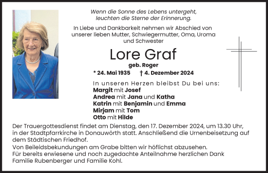 Traueranzeige von Lore Graf von Donauwörther Zeitung