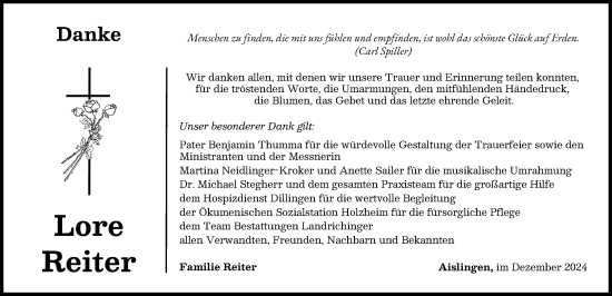 Traueranzeige von Lore Reiter von Wertinger Zeitung, Donau Zeitung, Günzburger Zeitung