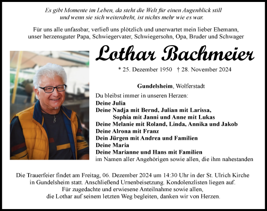 Traueranzeige von Lothar Bachmeier von Donauwörther Zeitung