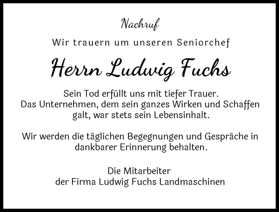 Traueranzeige von Ludwig Fuchs von Augsburg-Land, Mindelheimer Zeitung