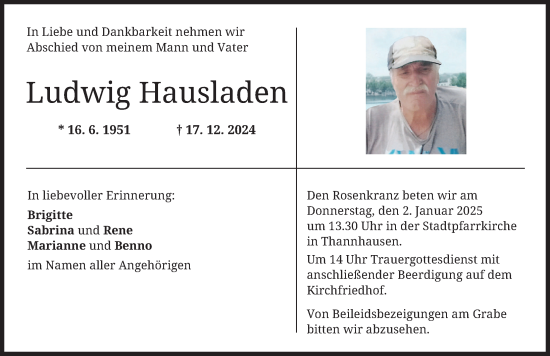 Traueranzeige von Ludwig Hausladen von Mittelschwäbische Nachrichten