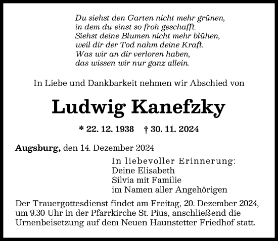 Traueranzeige von Ludwig Kanefzky von Augsburger Allgemeine