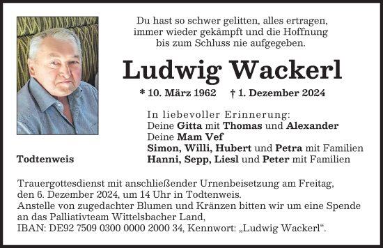 Traueranzeige von Ludwig Wackerl von Aichacher Nachrichten