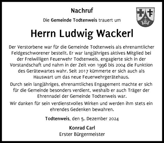 Traueranzeige von Ludwig Wackerl von Aichacher Nachrichten