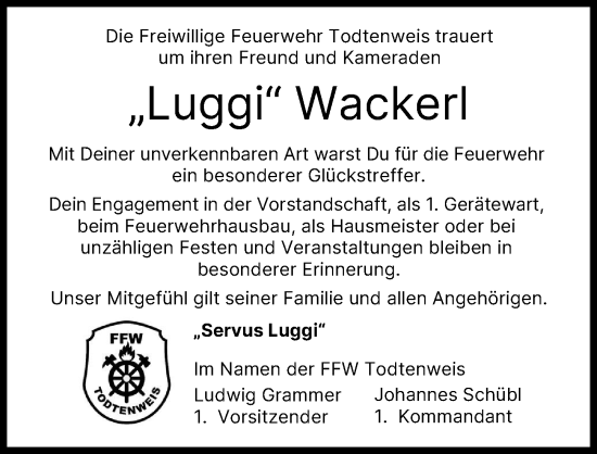 Traueranzeige von Luggi Wackerl von Aichacher Nachrichten