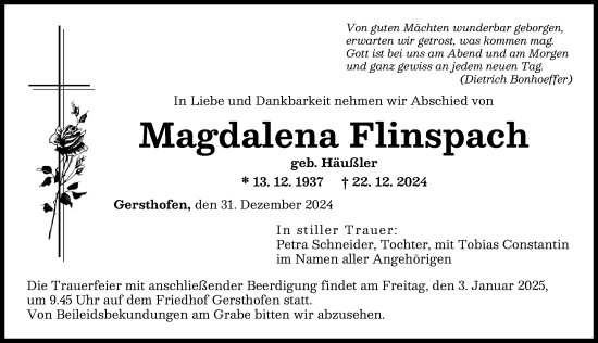 Traueranzeige von Magdalena Flinspach von Augsburger Allgemeine