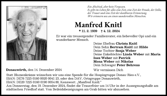 Traueranzeige von Manfred Knitl von Donauwörther Zeitung