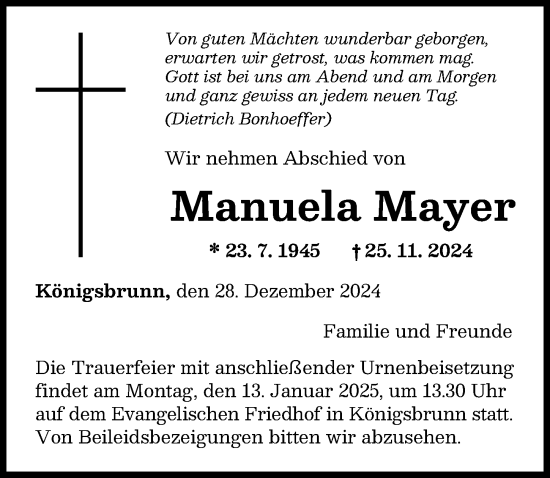 Traueranzeige von Manuela Mayer von Augsburger Allgemeine