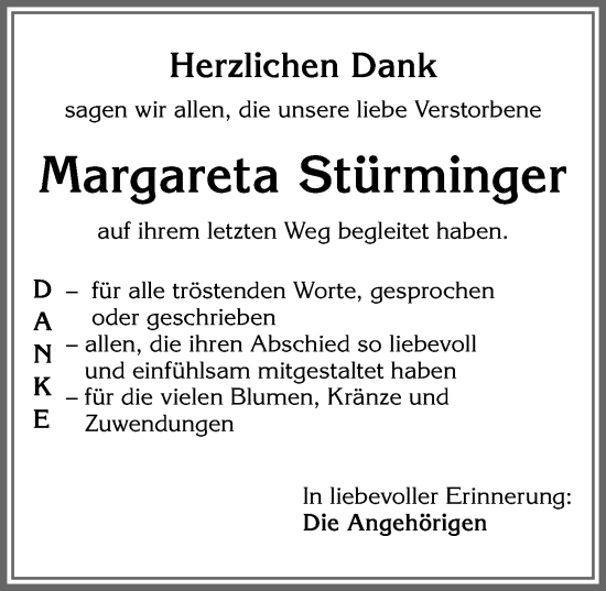 Traueranzeige von Margareta Stürminger von Mindelheimer Zeitung