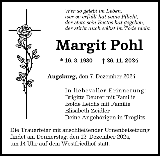 Traueranzeige von Margit Pohl von Augsburger Allgemeine