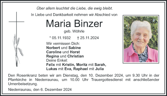 Traueranzeige von Maria Binzer von Mittelschwäbische Nachrichten