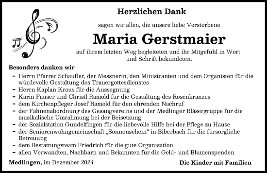 Traueranzeige von Maria Gerstmaier von Donau Zeitung