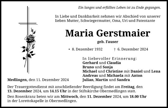 Traueranzeige von Maria Gerstmaier von Donau Zeitung