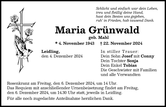 Traueranzeige von Maria Grünwald von Neuburger Rundschau