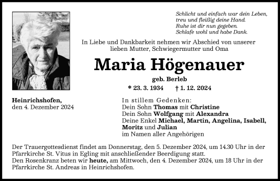 Traueranzeige von Maria Högenauer von Landsberger Tagblatt