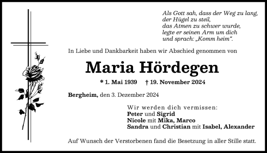 Traueranzeige von Maria Hördegen von Donau Zeitung