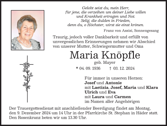 Traueranzeige von Maria Knöpfle von Augsburg-Land