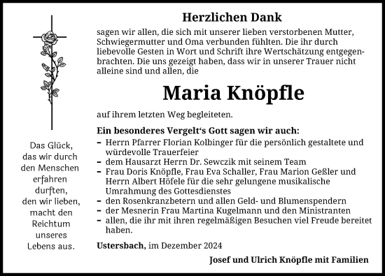 Traueranzeige von Maria Knöpfle von Augsburg-Land