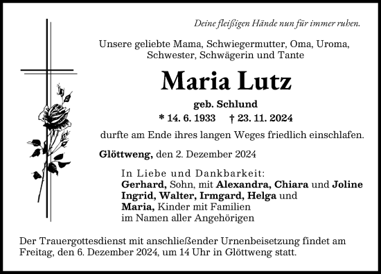 Traueranzeige von Maria Lutz von Günzburger Zeitung