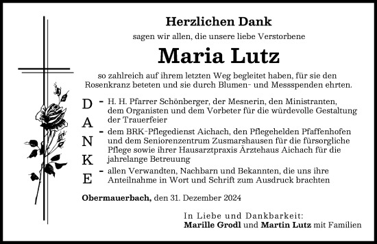 Traueranzeige von Maria Lutz von Aichacher Nachrichten