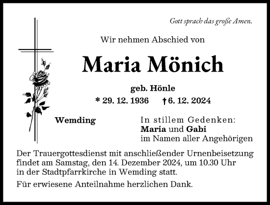 Traueranzeige von Maria Mönich von Donauwörther Zeitung