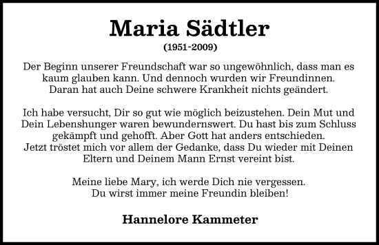 Traueranzeige von Maria Sädtler von Augsburger Allgemeine