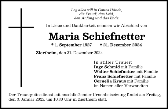 Traueranzeige von Maria Schiefnetter von Donau Zeitung