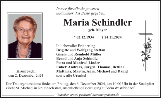 Traueranzeige von Maria Schindler von Mittelschwäbische Nachrichten