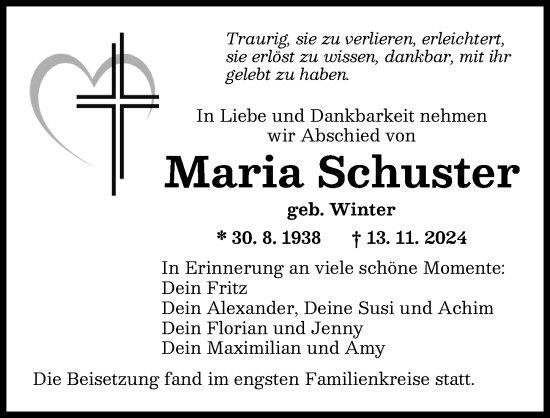 Traueranzeige von Maria Schuster von Augsburger Allgemeine