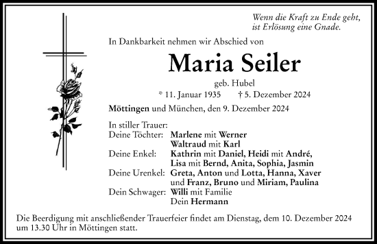 Traueranzeige von Maria Seiler von Rieser Nachrichten